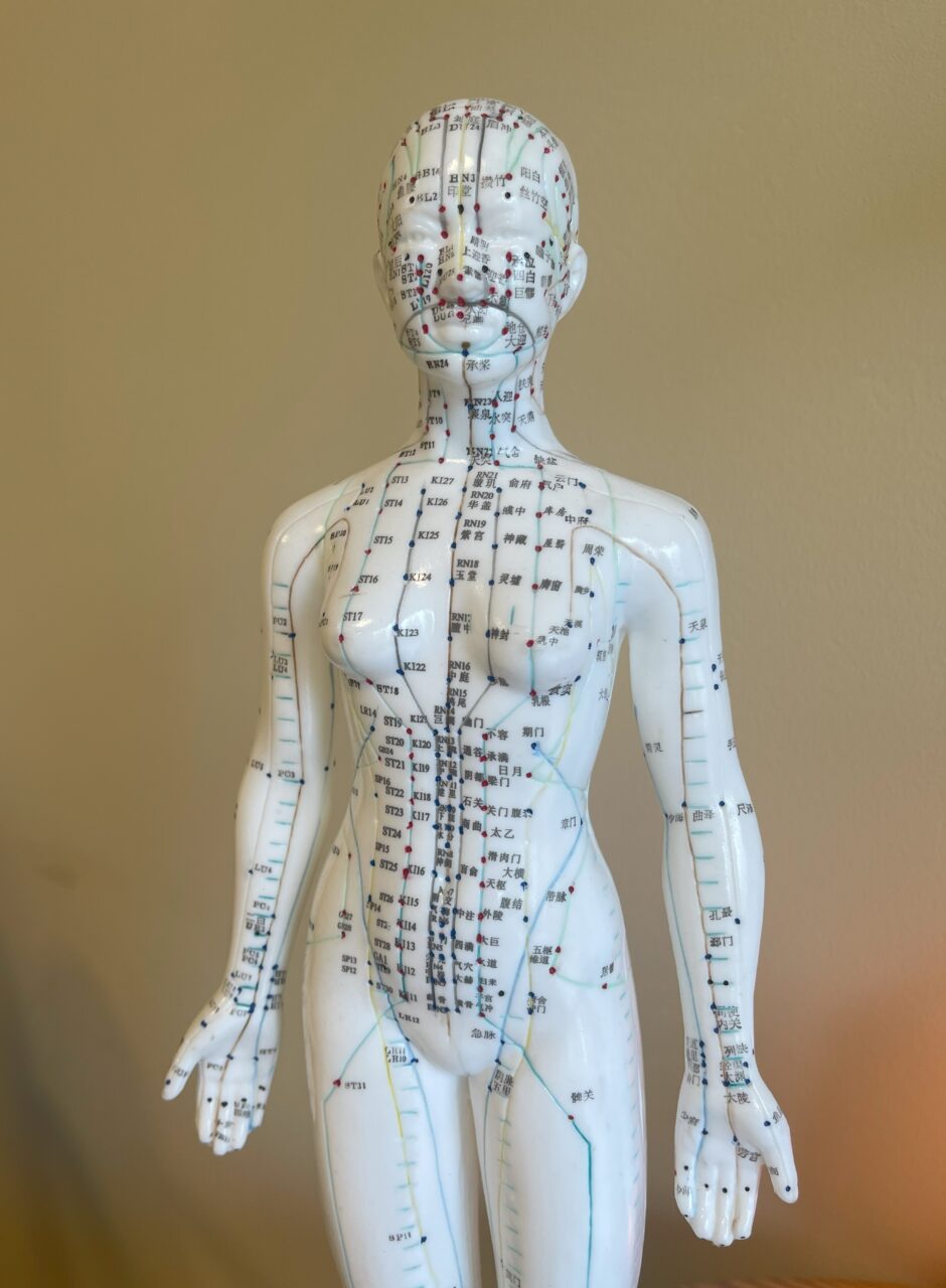 Acupunctuur pop met meridianen en acupunctuurpunten vrouw